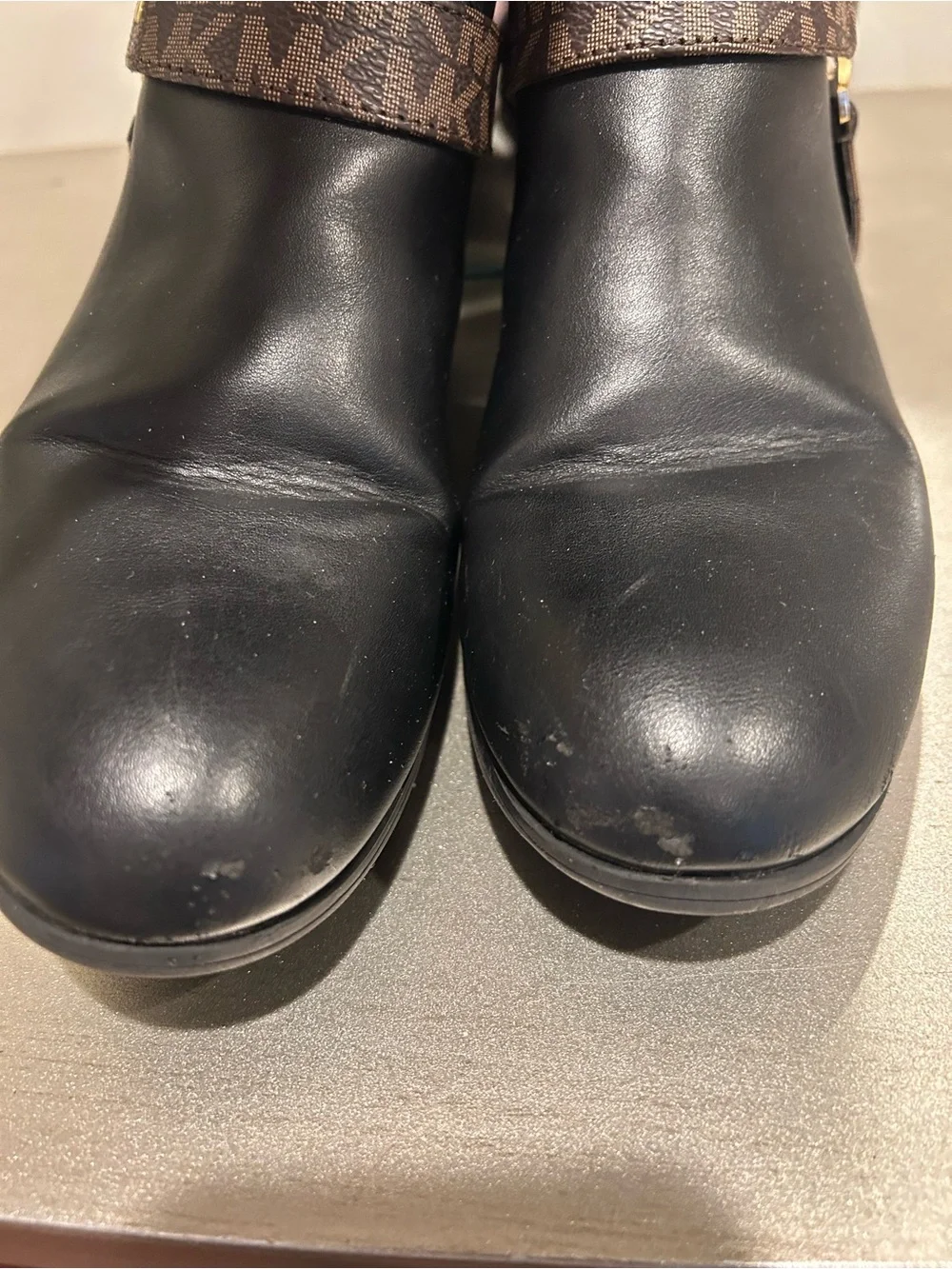 MICHAEL Michael Kors Black and Brown Logo Harness Mid-Calf Riding Boots